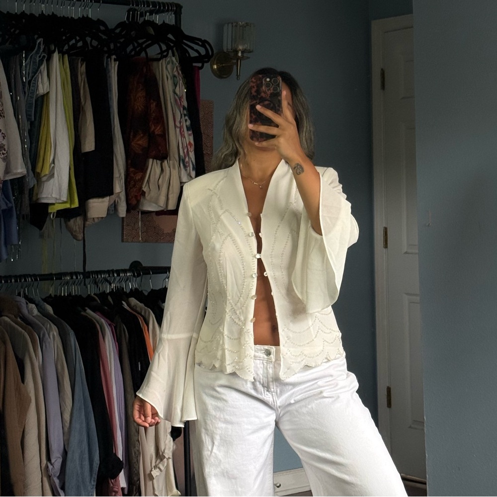 Periwinkle by Barlow Cream Embroidered Button-Front Top